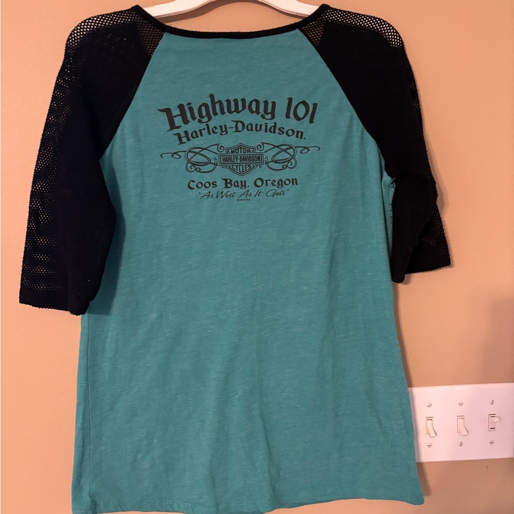 Harley Davidson Womens XL Teal Sequin Pattern Mesh Half Sleeve Size Coos Bay, OR - Picture 3 of 7